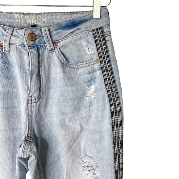 REWASH High Rise Plaid Race Stripe Raw Hem Frayed Ankle Crop Light Wash Jeans 26 - Picture 6 of 8